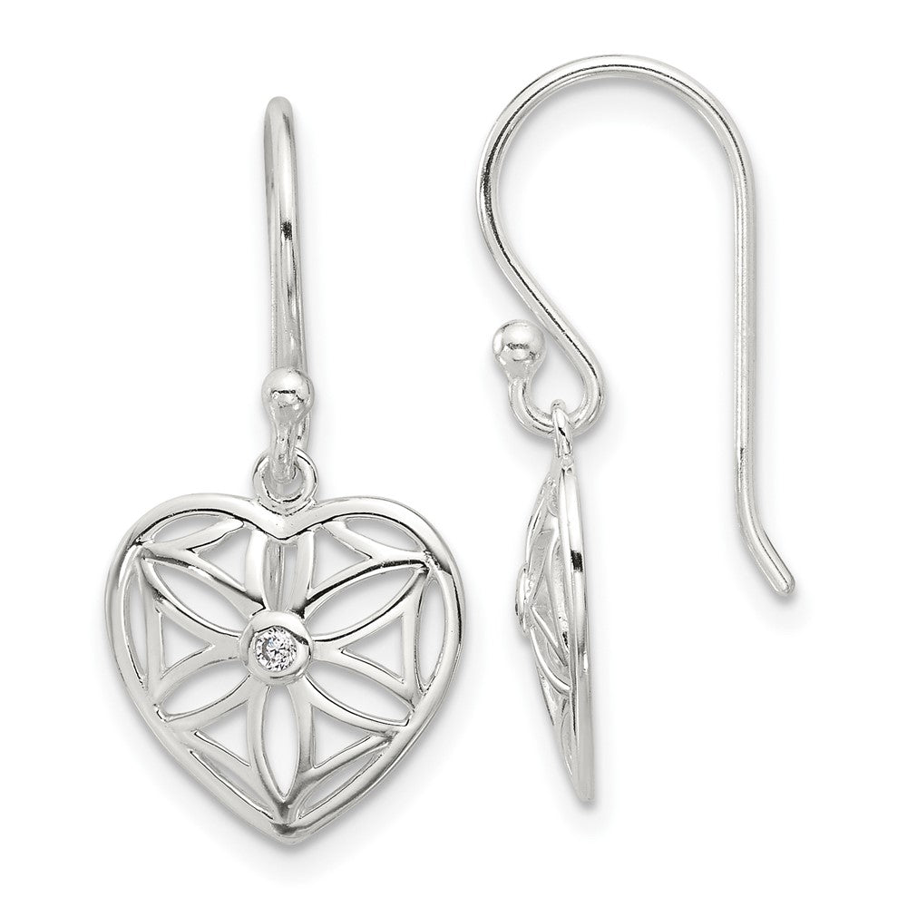 Sterling Silver E-coated with CZ Heart Shepherd Hook Dangle Earrings