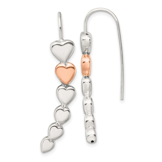 Sterling Silver and Rose-tone Polished Heart Shepherd Hook Earrings