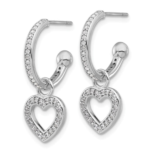 Sterling Silver Polished CZ Dangle Heart Hoop Post Earrings