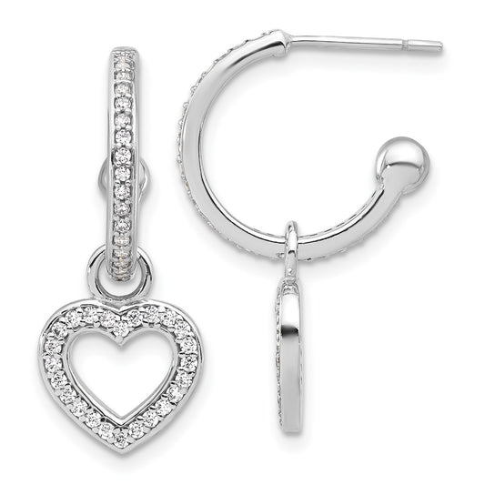Sterling Silver Polished CZ Dangle Heart Hoop Post Earrings