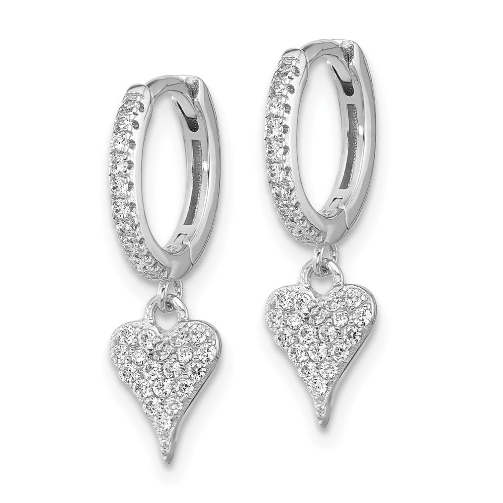 Rhodium-plated Sterling Silver CZ Heart Dangle Hinged Hoop Earrings