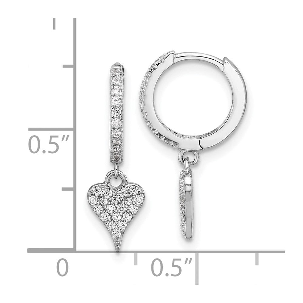 Rhodium-plated Sterling Silver CZ Heart Dangle Hinged Hoop Earrings