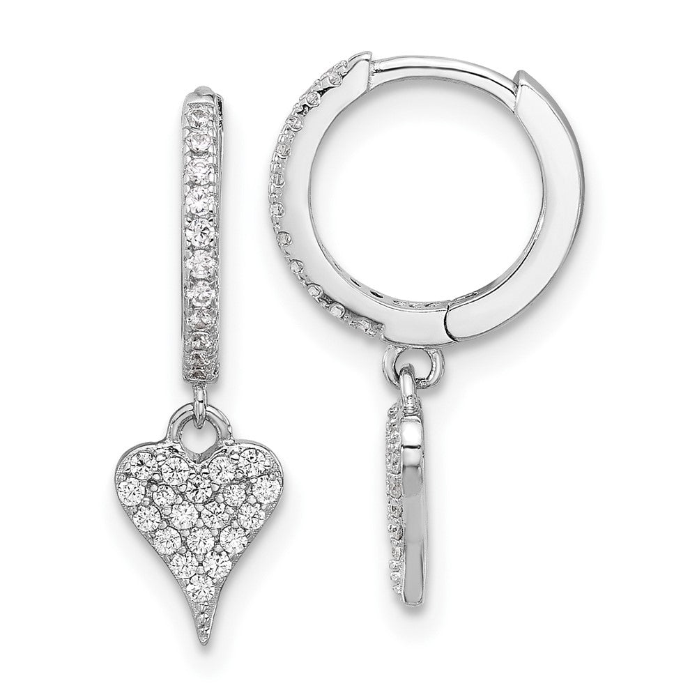 Rhodium-plated Sterling Silver CZ Heart Dangle Hinged Hoop Earrings