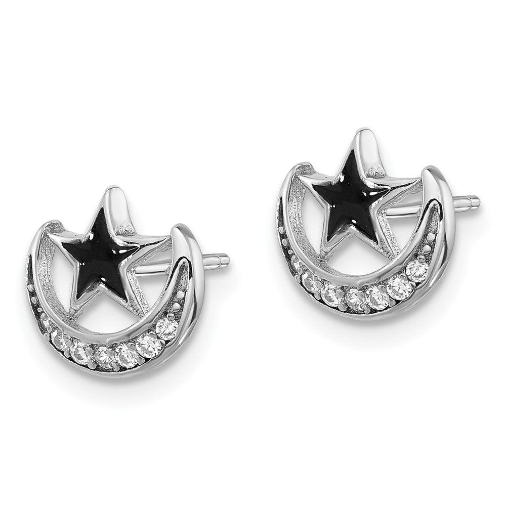 Rhodium-plated Sterling Silver Enamel CZ Star and Moon Post Earrings