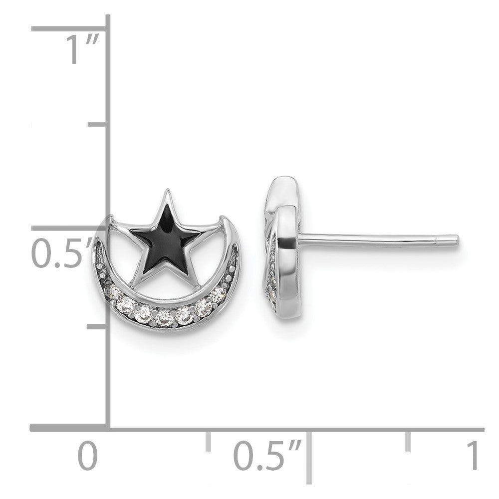 Rhodium-plated Sterling Silver Enamel CZ Star and Moon Post Earrings