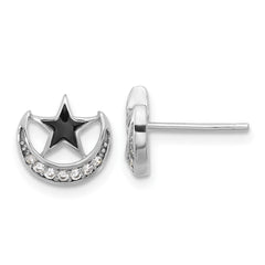 Rhodium-plated Sterling Silver Enamel CZ Star and Moon Post Earrings