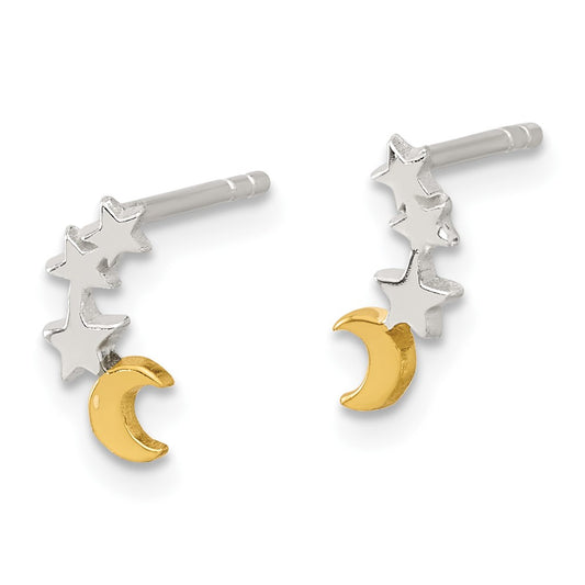 Sterling Silver E-Coat and Gold-tone Star and Moon Post Earrings