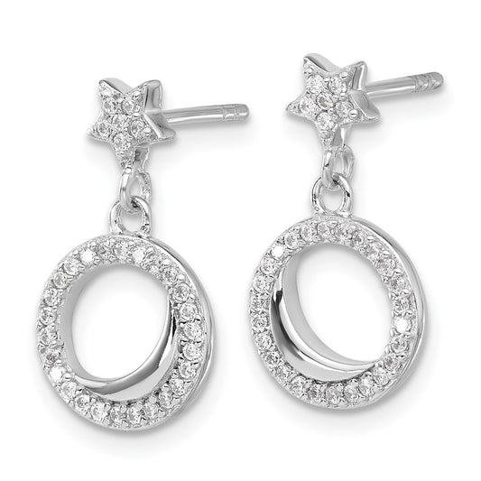 Rhodium-plated Sterling Silver Polished CZ Star Moon Dangle Post Earrings