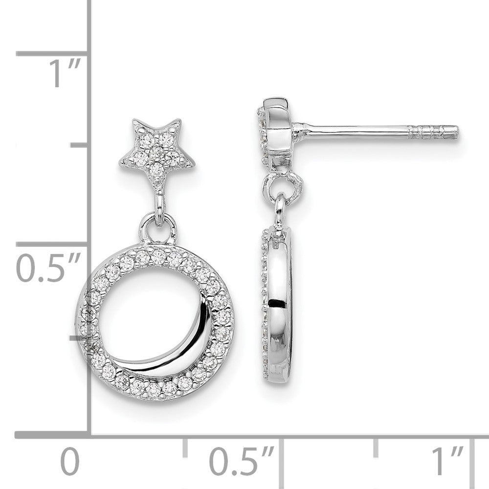 Rhodium-plated Sterling Silver Polished CZ Star Moon Dangle Post Earrings
