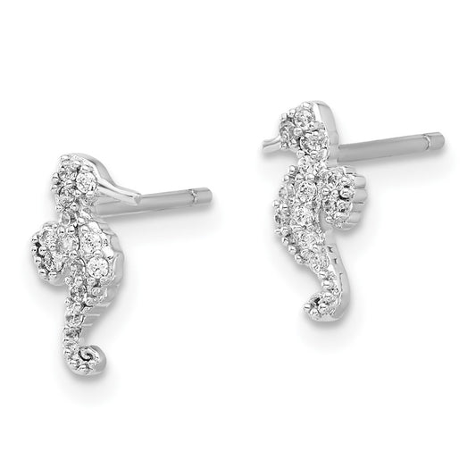 Rhodium-plated Sterling Silver CZ Seahorse Post Earrings