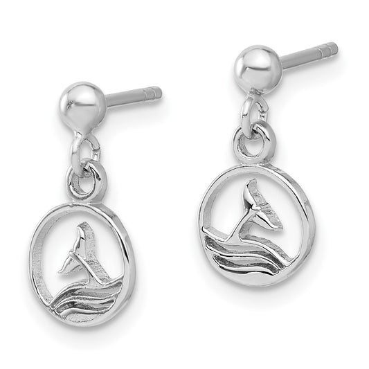 Rhodium-plated Sterling Silver Whale Dolphin Tail Post Dangle Drop Earrings