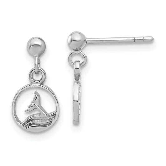 Rhodium-plated Sterling Silver Whale Dolphin Tail Post Dangle Drop Earrings