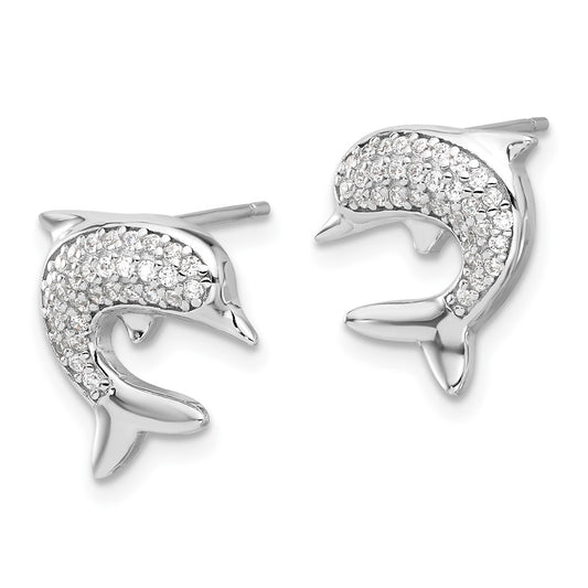 Rhodium-plated Sterling Silver CZ Dolphin Post Earrings