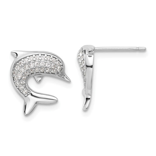 Rhodium-plated Sterling Silver CZ Dolphin Post Earrings