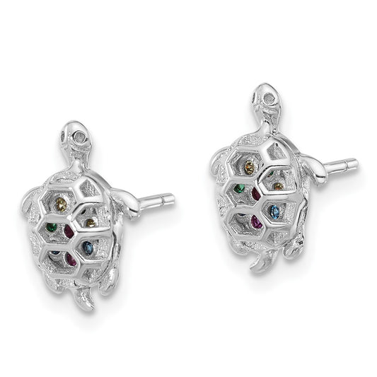 Rhodium-plated Sterling Silver Multi-color CZ Turtle Post Earrings
