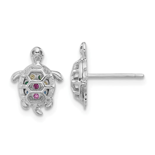 Rhodium-plated Sterling Silver Multi-color CZ Turtle Post Earrings