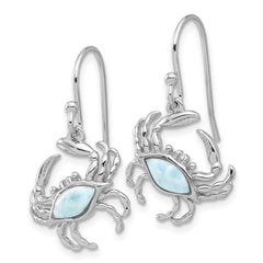 Rhodium-plated Sterling Silver Larimar Crab Dangle Shepherd Hook Earrings