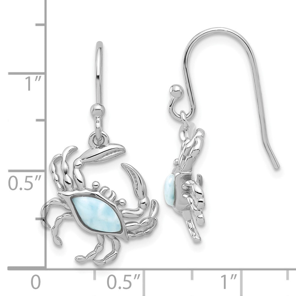 Rhodium-plated Sterling Silver Larimar Crab Dangle Shepherd Hook Earrings