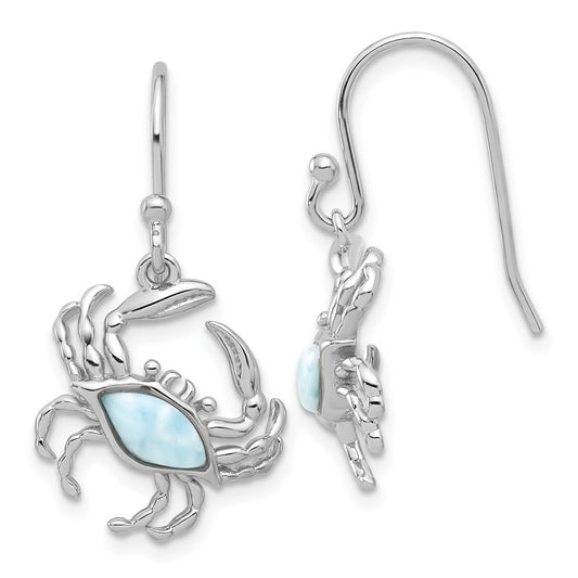 Rhodium-plated Sterling Silver Larimar Crab Dangle Shepherd Hook Earrings