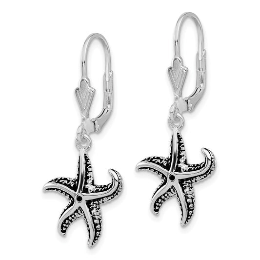 Rhodium-plated Sterling Silver Oxidized Starfish Dangle Leverback Earrings