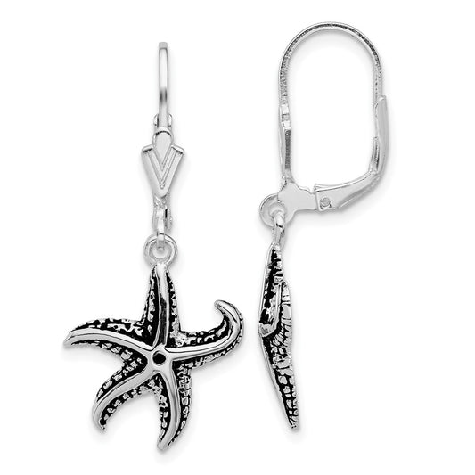 Rhodium-plated Sterling Silver Oxidized Starfish Dangle Leverback Earrings