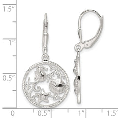 Sterling Silver Polished Sea Life Circle Dangle Leverback Earrings
