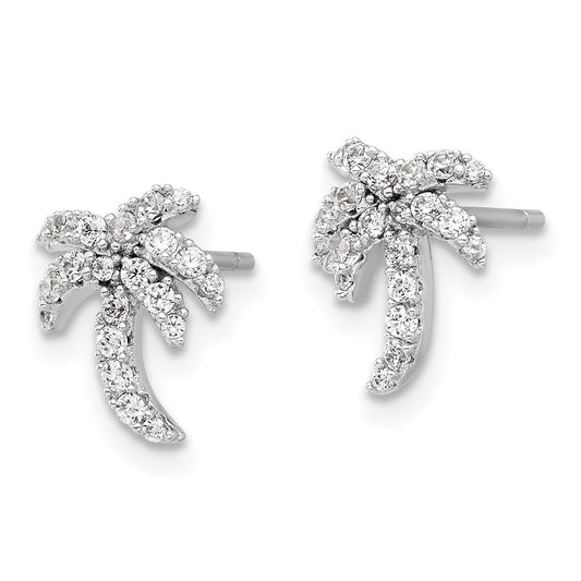 Rhodium-plated Sterling Silver CZ Palm Tree Post Earrings