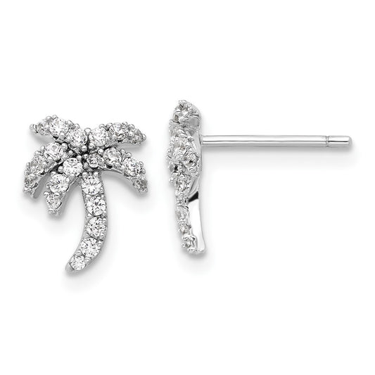 Rhodium-plated Sterling Silver CZ Palm Tree Post Earrings