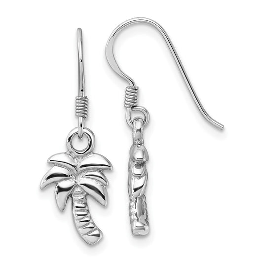 Rhodium-plated Sterling Silver Polished Palm Tree Dangle Earrings