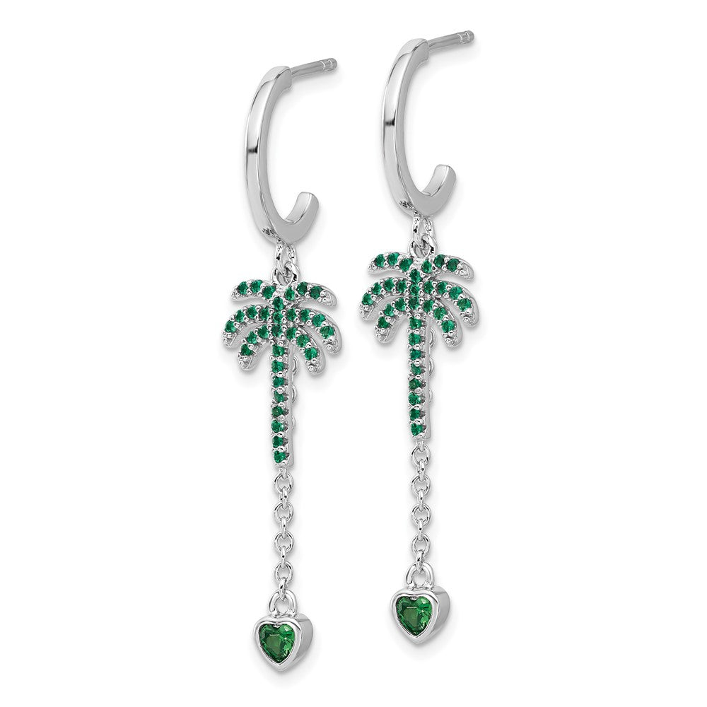 Rhodium-plated Sterling Silver Green CZ Plam Tree Heart Post Hoop Earrings