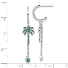 Rhodium-plated Sterling Silver Green CZ Plam Tree Heart Post Hoop Earrings