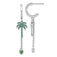 Rhodium-plated Sterling Silver Green CZ Plam Tree Heart Post Hoop Earrings