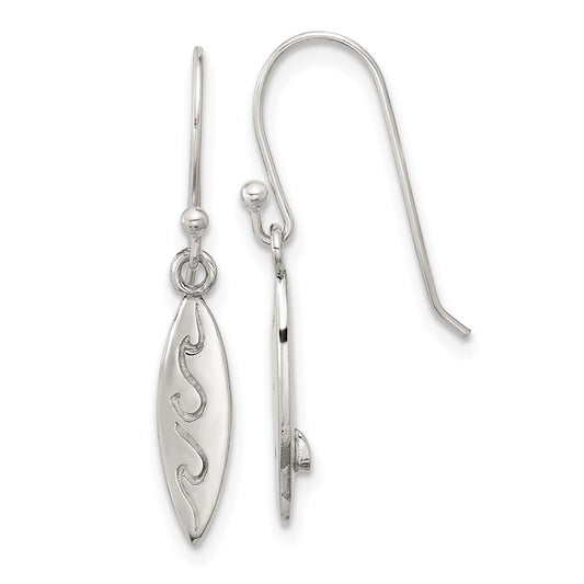 Sterling Silver Polished Etched Waves Pointed Oval Earrings