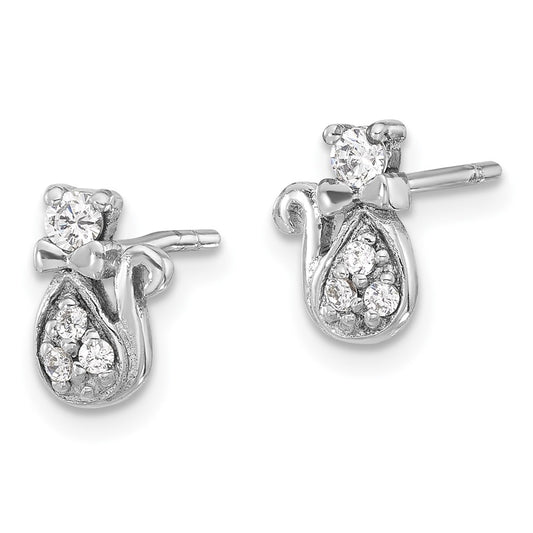 Rhodium-plated Sterling Silver CZ Cat Post Earrings