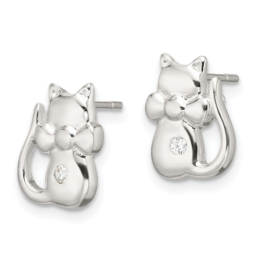 Sterling Silver Polished CZ Cat Earrings