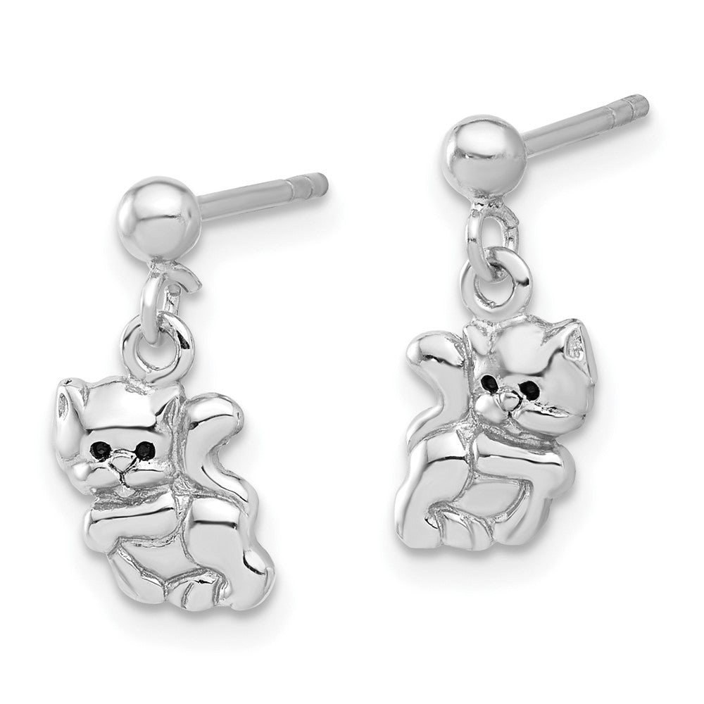 Rhodium-plated Sterling Silver Enameled Cat Post Dangle Earrings