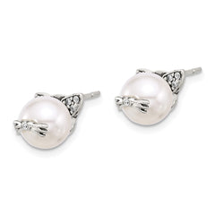 Sterling Silver Polished and Antiqued CZ and Syn. Pearl Cat Post Earrings