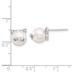 Sterling Silver Polished and Antiqued CZ and Syn. Pearl Cat Post Earrings