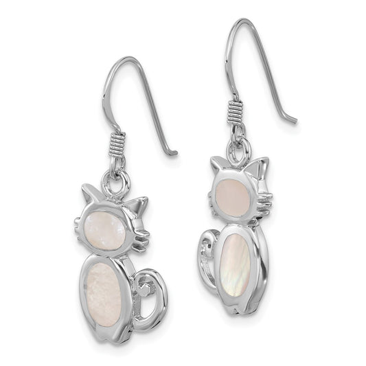 Rhodium-plated Sterling Silver Polished Mother of Pearl Cat Earrings