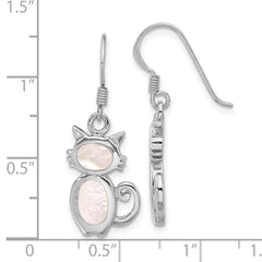 Rhodium-plated Sterling Silver Polished Mother of Pearl Cat Earrings