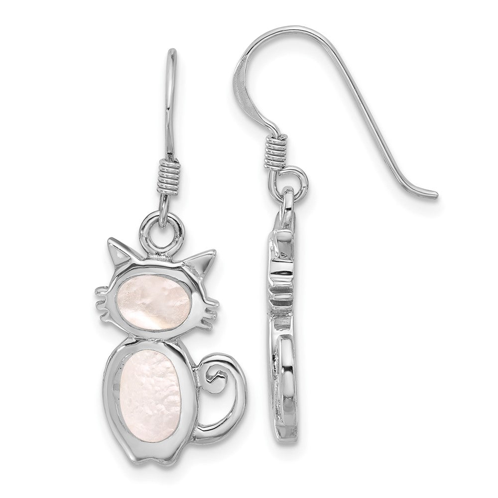 Rhodium-plated Sterling Silver Polished Mother of Pearl Cat Earrings