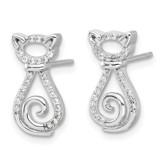 Rhodium-plated Sterling Silver CZ Cat Post Earrings