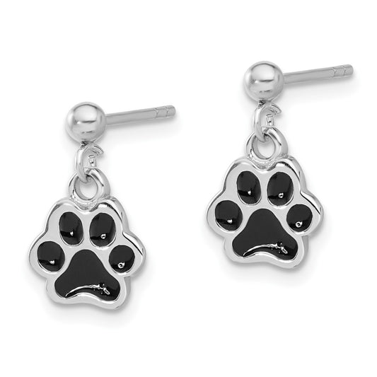 Rhodium-plated Sterling Silver Enameled Dog Paw Post Dangle Earrings