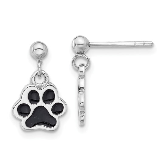 Rhodium-plated Sterling Silver Enameled Dog Paw Post Dangle Earrings