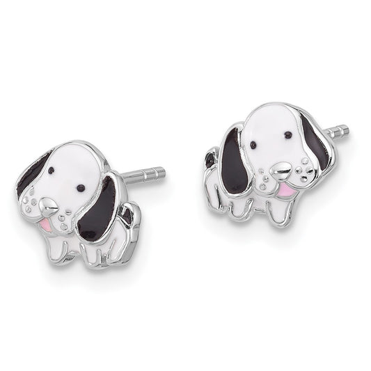 Rhodium-plated Sterling Silver Black and White Enamel Dog Post Earrings
