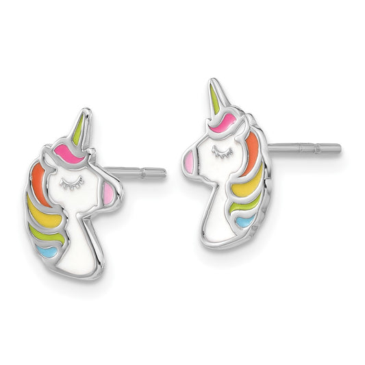 Sterling Silver Polished Enameled Unicorn Post Earrings