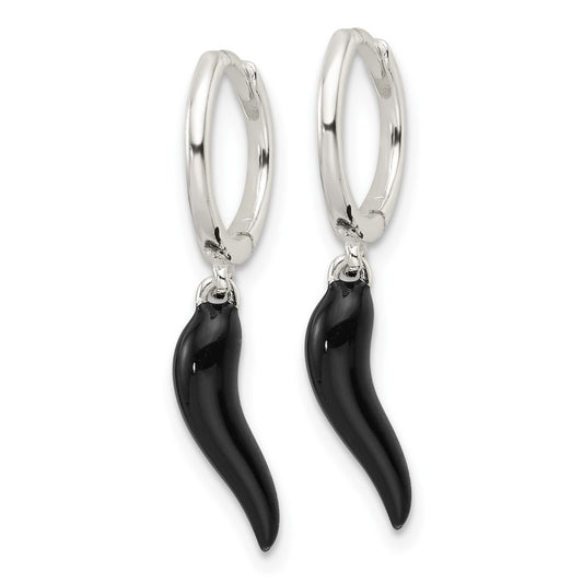 Sterling Silver E-Coating Black Enamel Italian Horn Dangle Earrings