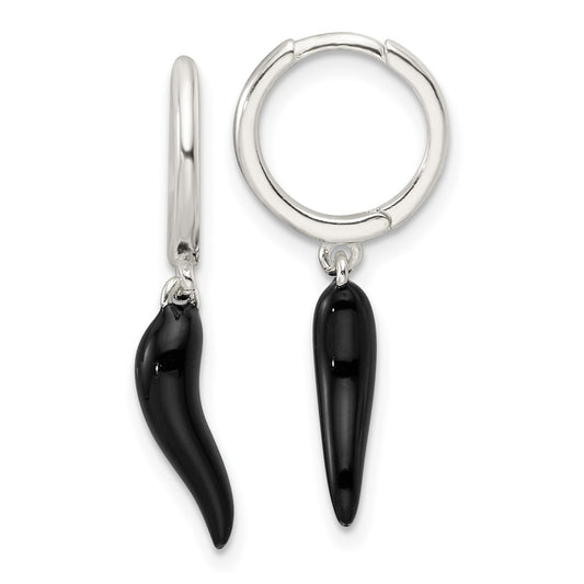 Sterling Silver E-Coating Black Enamel Italian Horn Dangle Earrings