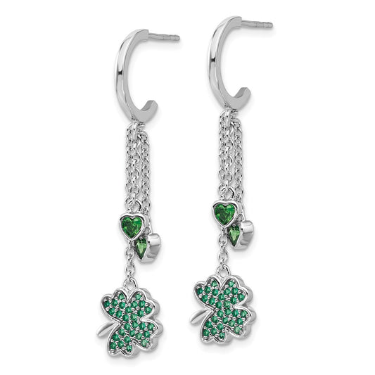 Rhodium-plated Sterling Silver Green CZ Clover Heart Post Hoop Earrings