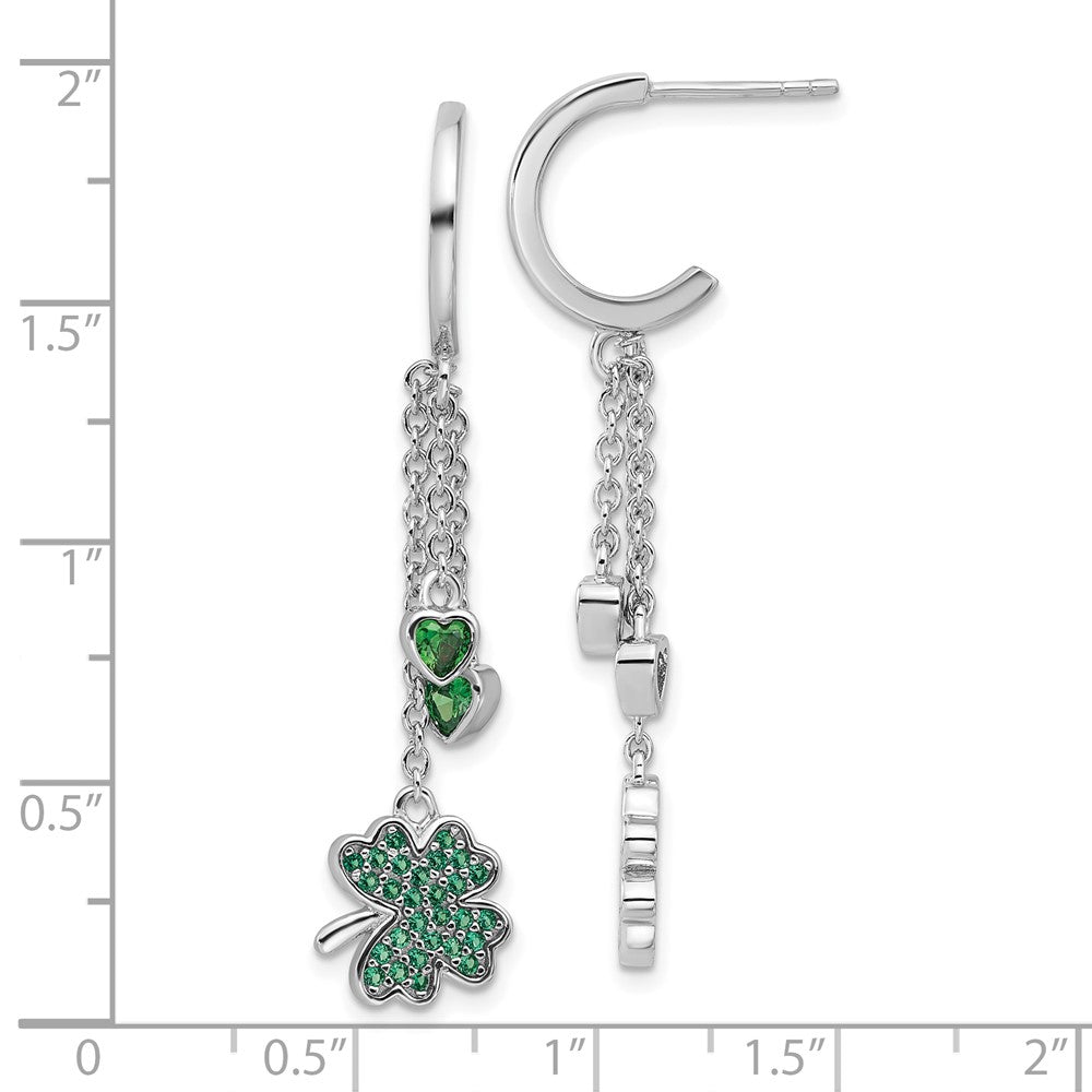 Rhodium-plated Sterling Silver Green CZ Clover Heart Post Hoop Earrings